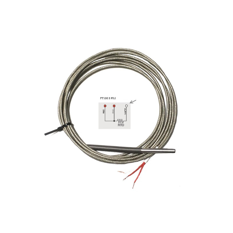 PT100B6070A3   PT100  3 Fili  classe B D 6 mm H 70 mm Cavo TTS LC 3mtl STD Schermato