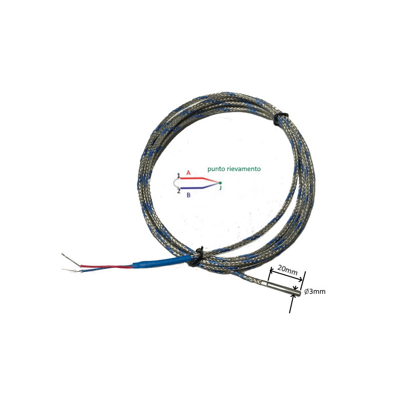 TCJ3020A20   Termocoppia tipo  J liscia norme Din giunto caldo isolato DG 3mm LG 20mm  cavo TTS  LC 2 mtl  STD