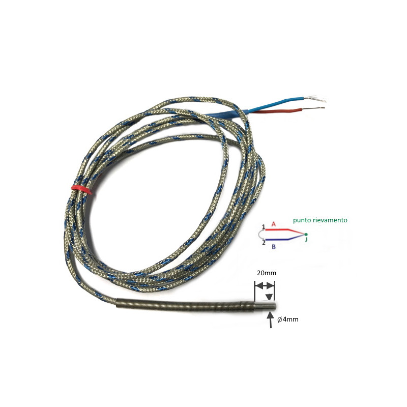 TCJ4020A20  Termocoppia tipo J  liscia norme Din giunto caldo isolato DG 4mm LG 20mm  cavo TTS LC 2 mtl STD