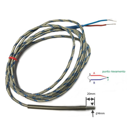 TCJ4020A20  Termocoppia tipo J  liscia norme Din giunto caldo isolato DG 4mm LG 20mm  cavo TTS LC 2 mtl STD