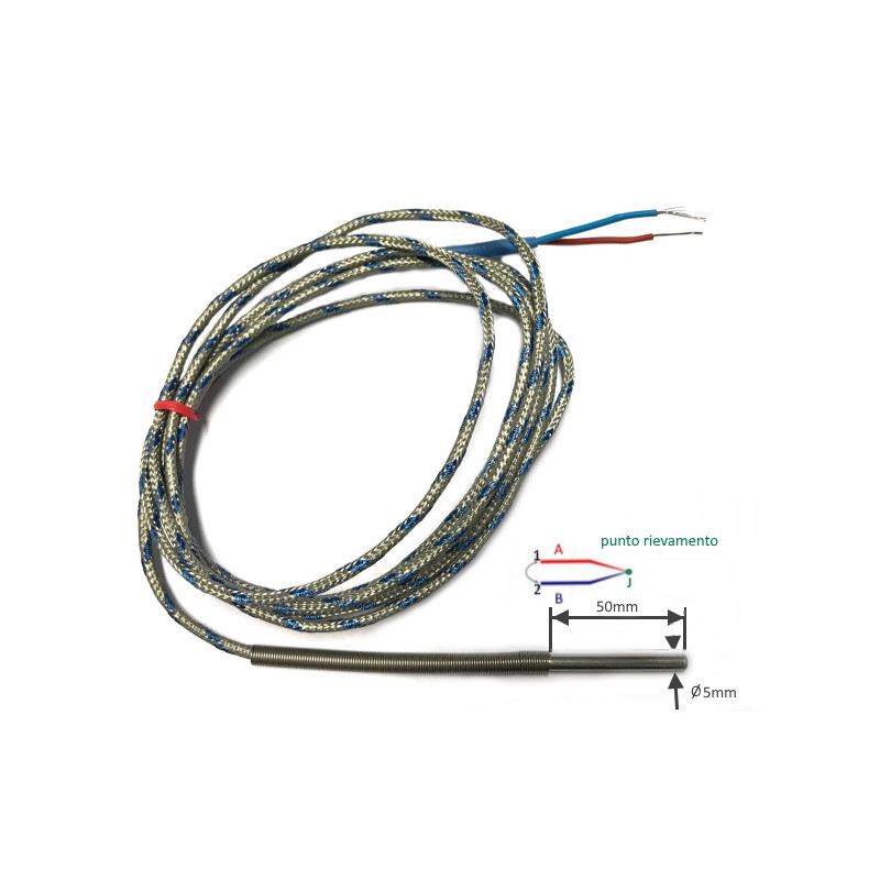 TCJ5050A20  Termocoppia TCJ  norme DIN giunto caldo isolato  D 5 mm  L 50 MM cavo TTS   LC 2M   Molla antipiega