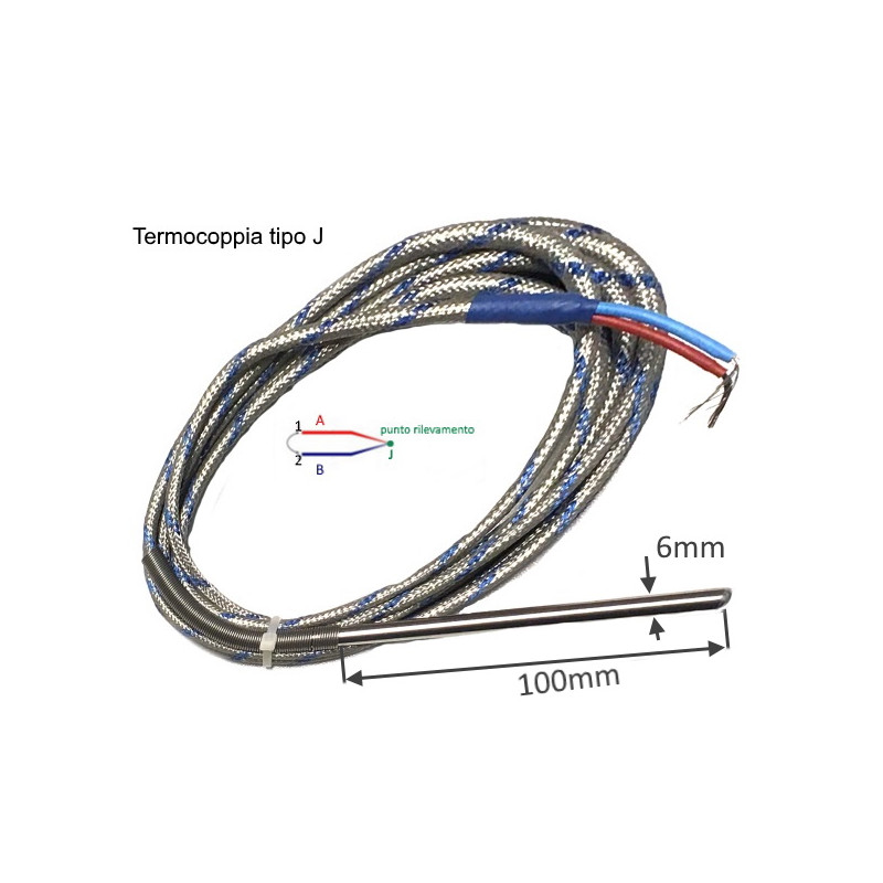 TCJ6100A3TTS  Termocoppia tipo  J liscia norme DIN giunto caldo isolato DG 6mm LG 100mm Cavo TTS LC 3M   molla antipiega