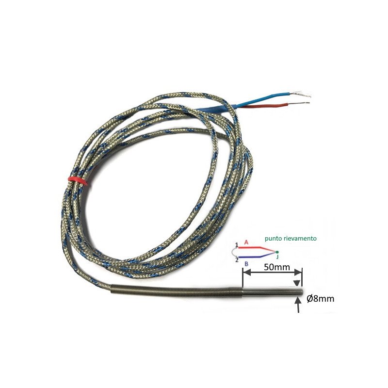 TCJ8050A30  Termocoppia TCJ  norme DIN giunto caldo isolato  D 8mm L 50mm Cavo TTS  LC 3mtl   Molla antipiega