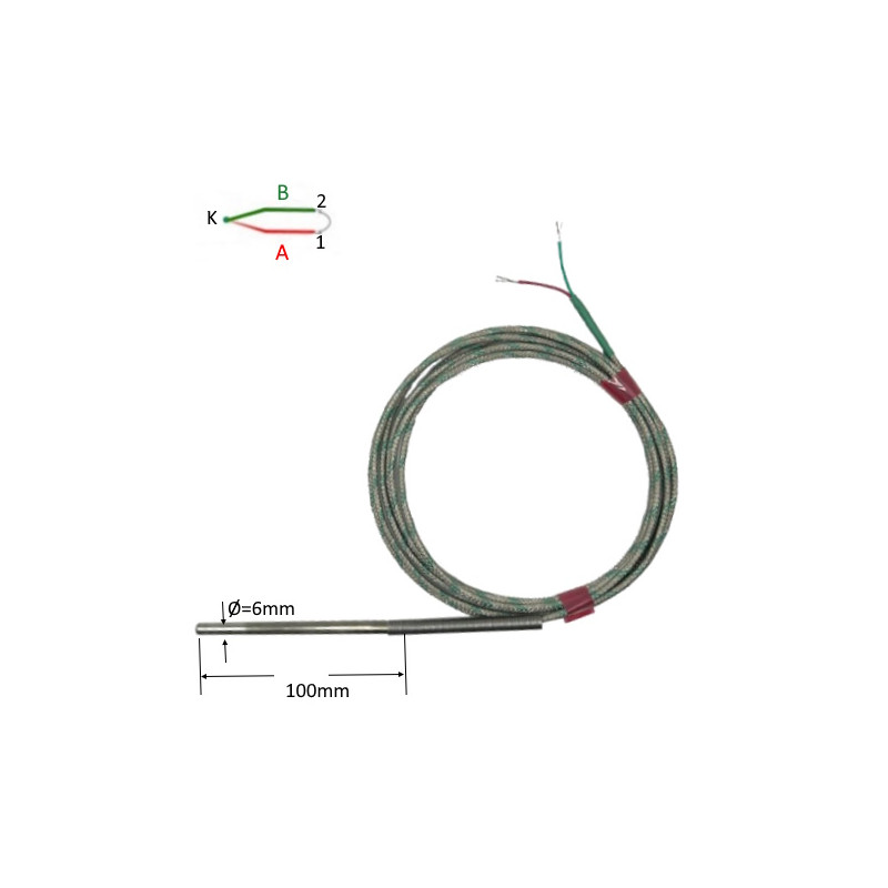 TCK06100A30  Termocopia  K   D 6 X100 mm isolata con cavo schermato 3,0 mt TEX TEX SCH   Molla antipiega