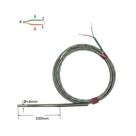 TCK06100A30  Termocopia  K   D 6 X100 mm isolata con cavo schermato 3,0 mt TEX TEX SCH   Molla antipiega