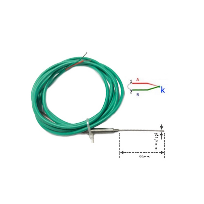 TCK15055GS2M  Termocoppia TCK  D 1,5 X 55mm  MGO isolata  LC 2m GS GS verde con molla antipiega