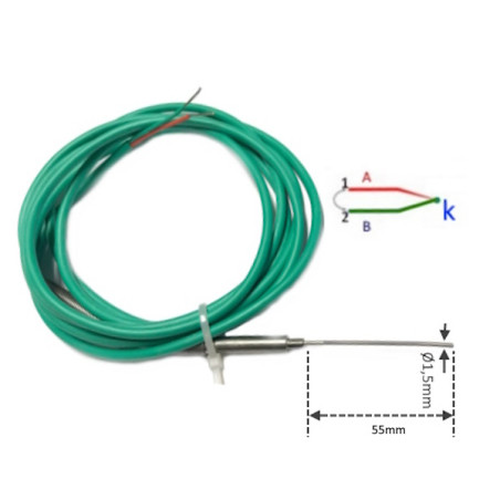 TCK15055GS2M  Termocoppia TCK  D 1,5 X 55mm  MGO isolata  LC 2m GS GS verde con molla antipiega