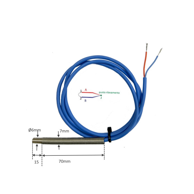 TCZ6DL20S  Termocopia tipo  J   D 6X 20  cavo silicone  schermato  LC 1000  isolata  molla antipiega