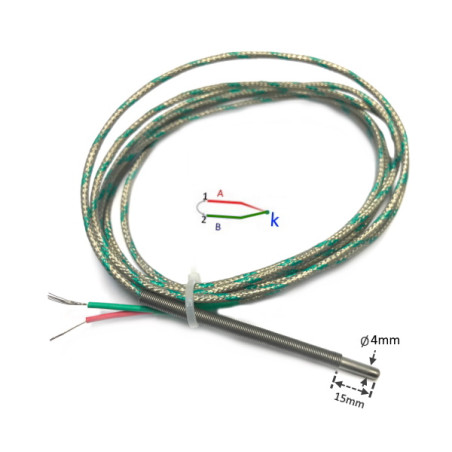TCZK4-20TTS  Termocoppie tipo  K   AISI 304  D 4x15mm   cavo  sez 2x0,25mm2 isolato in fibra di vetro  L 2000mm