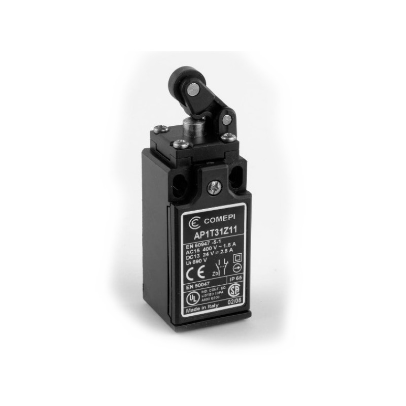 AP1T31Z11  Finecorsa leva con rotella in plastica su pistoncino in acciaio corpo tecnopolimero  Contatti a scatto 1NA  1NC  PG13