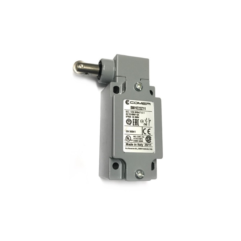 BM1E22Z11  Finecorsa alluminio pistoncino laterale con rotella verticale in acciaio inox Contatti a scatto 1NO   1NC doppio isol