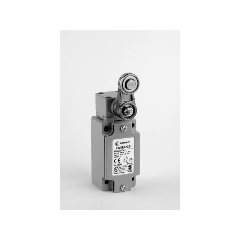 BM1E42Z11  Finecorsa alluminio a  leva con rotella Inox 22mm Contatti a scatto  1NO  1NC  doppio isolamento e apertura positiva 