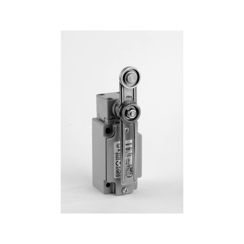 BM1E52Z11  Finecorsa alluminio a leva regolabile  con rotella INOX 22mm contatti a scatto  1NO  1NC  doppio isolamento e apertur