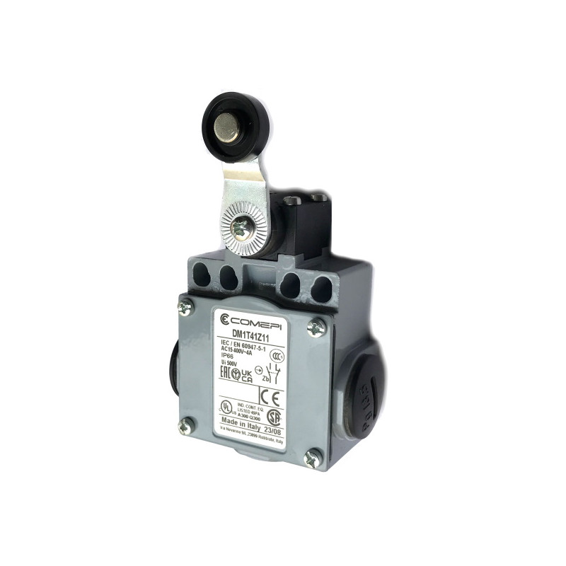 DM1T41Z11   Finecorsa metallo a leva con rotella in nylon 18mm contatti a scatto 1NO  1NC  doppio isolamento e apertura positiva