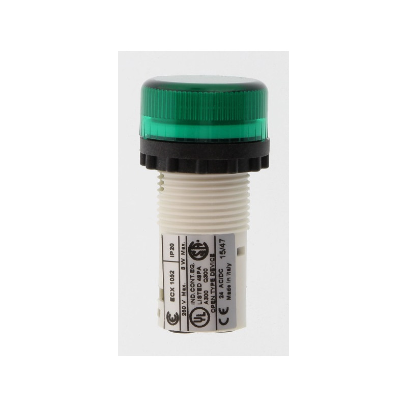ECX1052   Indicatore luminoso D  22 mm  monoblocco  portalampada BA9S  Verde  IP65