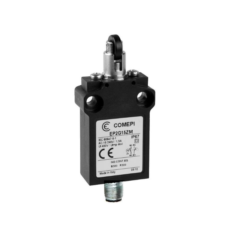  EP2G15ZM  Finecorsa  Pistoncino con rotella ortogonale in nylon  NO NC uscita  connettore M12 4 pin