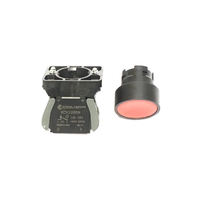 ECX3101OFF1NC  Pulsante D 22  plastico filo ghiera rosso completo di contatto 1 NC  ghiera di fissaggio