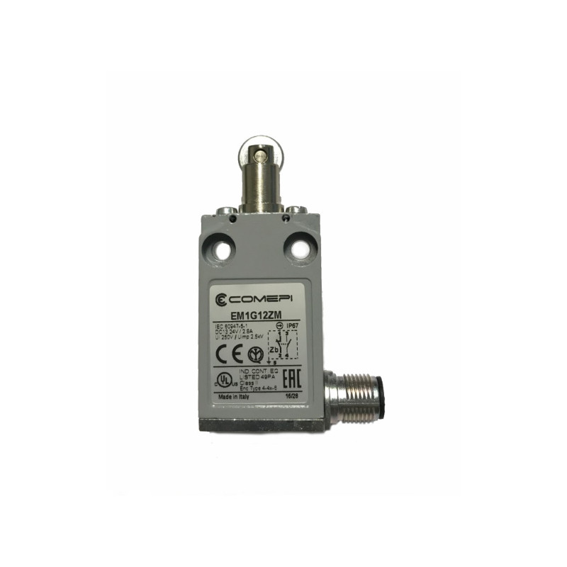 EM1G12ZM  Finecorsa Pistoncino con rotella in metallo NO+ NC con uscita cavo 90° Conn M12