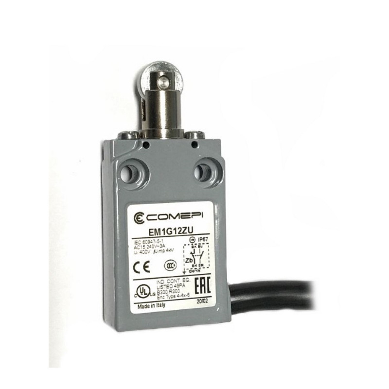 EM1G12ZU   Finecorsa  leva con rotella metallo d12  NO +  NC    uscita cavo 90°  1mtl  IP67