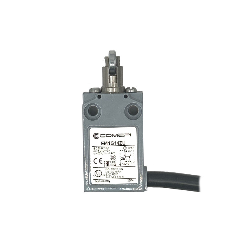 EM1G14ZU   Finecorsa Pistoncino con rotella metalica   d12  NO +  NC    uscita cavo 90°  1mtl  IP67