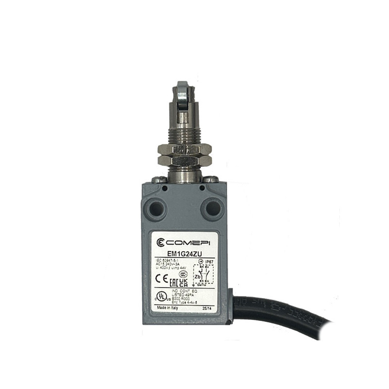 EM1G24ZU  Finecorsa Pistoncino con rotella metalica con dadi di fissaggio  1NO  1NC con uscita cavo 90° lc 1mtl