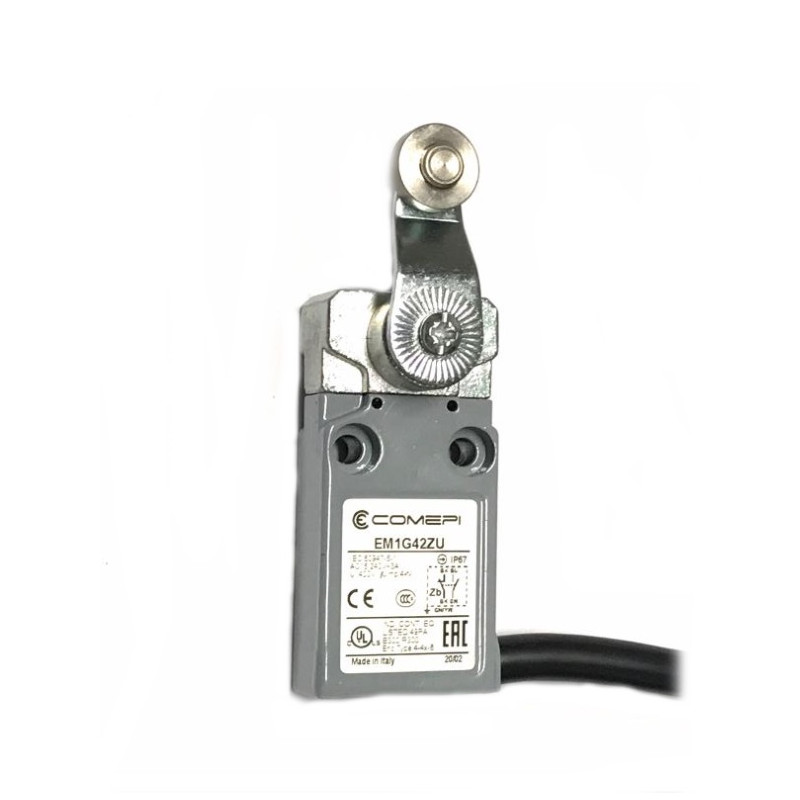 EM1G42ZU  Finecorsa  leva con rotella metallo D 14   NO +  NC    uscita cavo 90°  1mtl  IP67