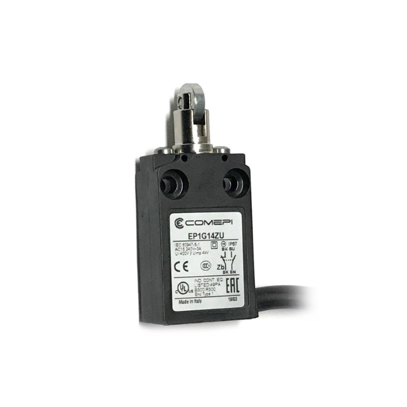EP1G14ZU  Finecorsa  Pistoncino con rotella ortogonale in metallo  NO +  NC    uscita cavo 90°  1mtl  IP67