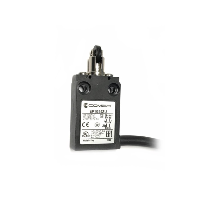 EP1G15ZU  Finecorsa Pistoncino con rotella ortogonale in nylon  NO +  NC    uscita cavo 90°  1mtl  IP67