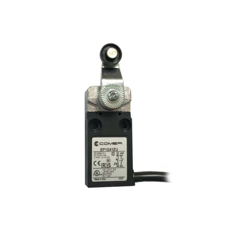 EP1G41ZU  Finecorsa a leva con rotella D 14mm  NO +  NC    uscita cavo 90°  1mtl  IP67