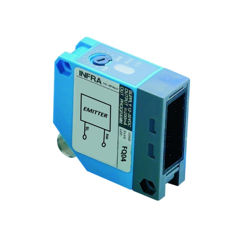 FQ04  Sensore a barriera foto elettrico blocco emettitore di raggi infrarossi alim 12 30 Vdc corpo 50X50 mm  uscita cavo 2mtl  I
