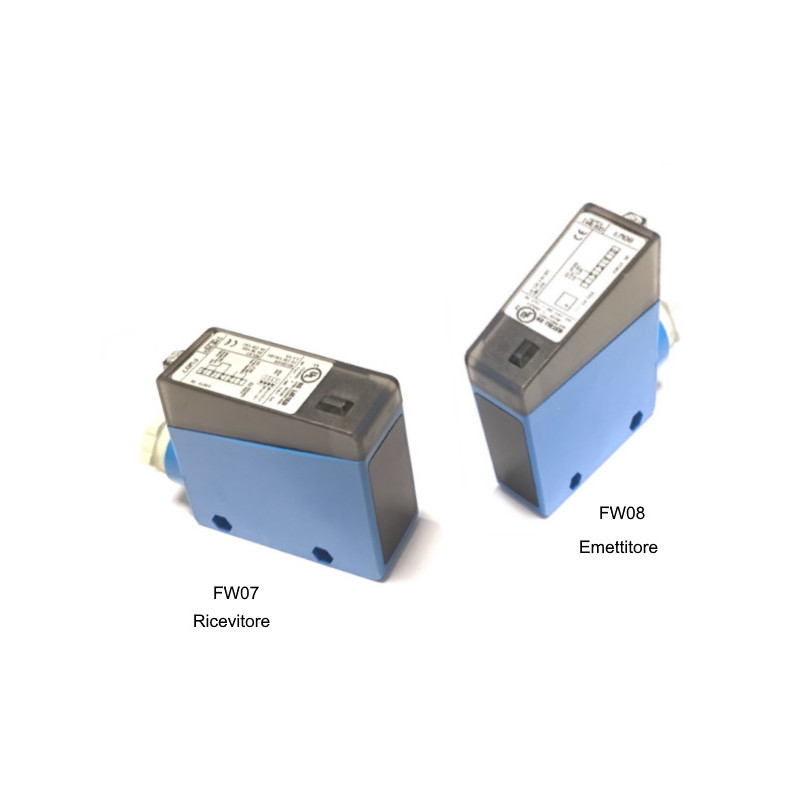 FW07 -FW08 Sensore a barriera foto elettrico blocco ricevitore  emettitore di raggi infrarossi  Sn 25 m  alim 14 230 Vac dc  usc