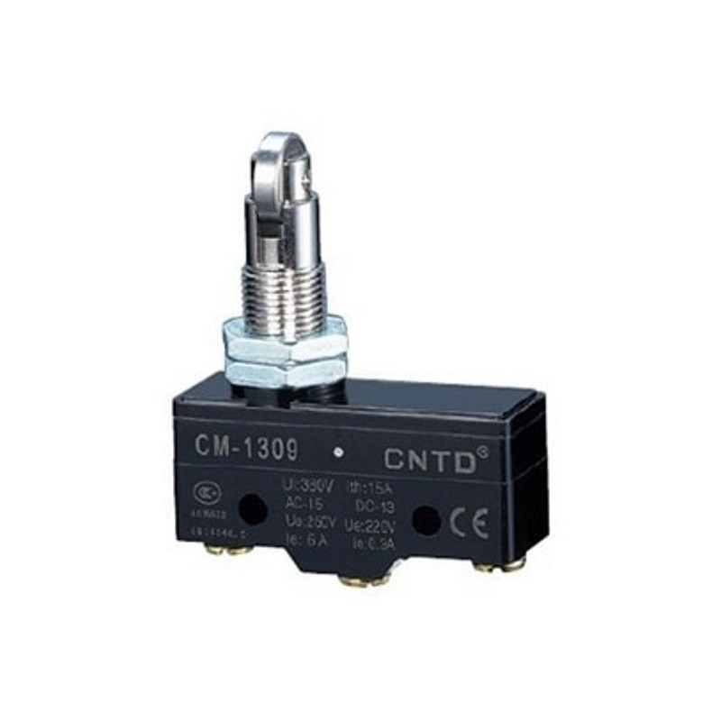 CM-1309   Micro interruttore switch serie CM  in plastica  pistoncino in acciaio inox con rotella in acciaio inox perpendicolare