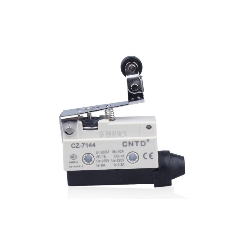 CZ-7144  Micro Finecorsa in plastica, leva  inox con rullo in plastica NA  NC  10A 250V  IP40  pressacavo in gomma