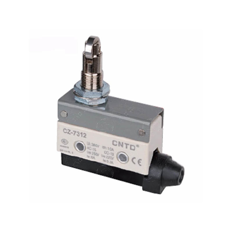 CZ-7312  Micro Finecorsa in plastica  pistoncino  con rotella in acciaio inox perpendicolare  1NO NC 10A 250V IP40  passacavo in