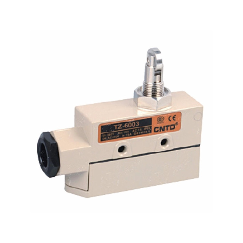 TZ-6003  Finecorsa in metallo pistoncino con rotella in acciaio inox perpendicolare  NO NC 15A 250V IP65 pressacavo M20 Incluso