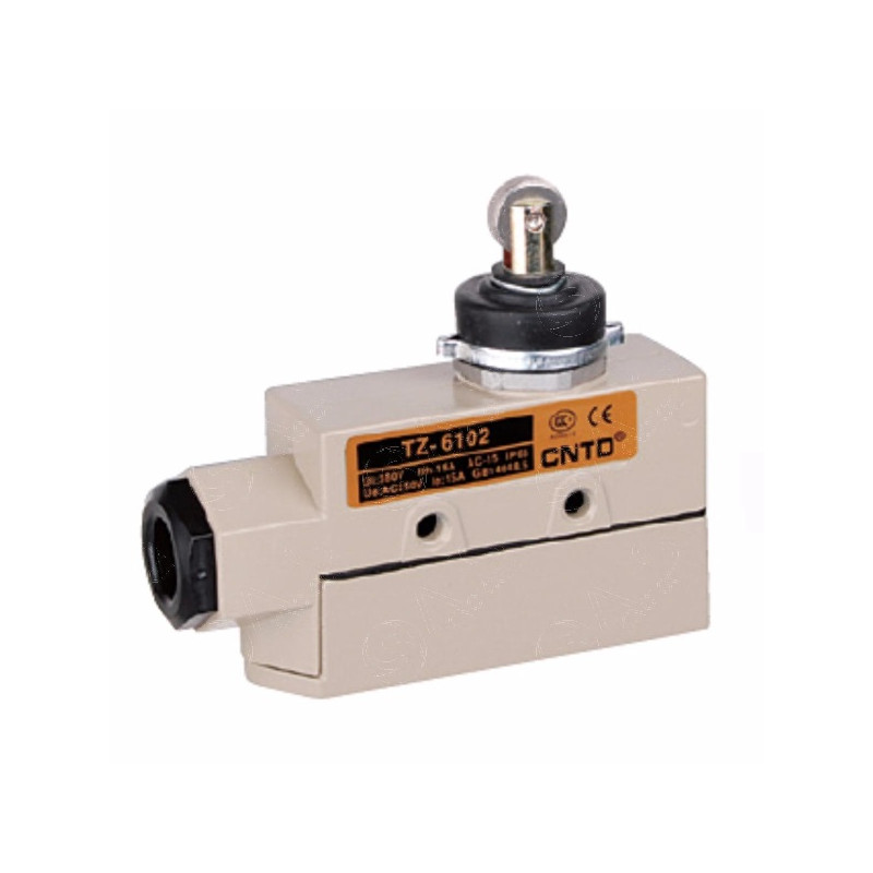 TZ-6102   Finecorsa in metallopistoncino con rotella in acciaio inox parallela e cuffia antipolvere  NO NC 15A 250V IP65 pressac