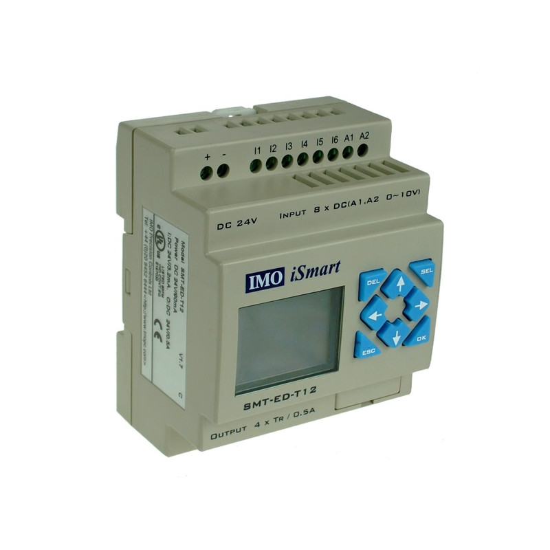 SMT-ED-T12-V3   iSmart Relè programmabile   V3 24VDC con schermo  HMI  6 ingrssi digitali  2 ingressi analogici analogici  0 10V