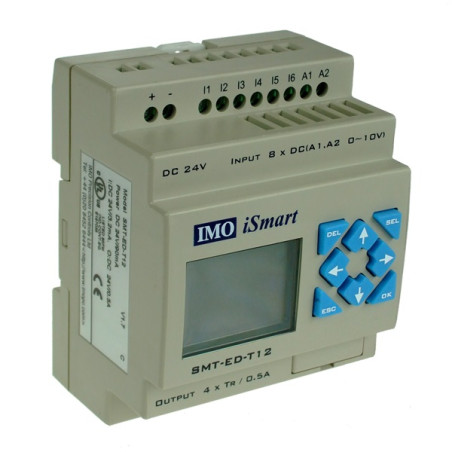 SMT-ED-T12-V3   iSmart Relè programmabile   V3 24VDC con schermo  HMI  6 ingrssi digitali  2 ingressi analogici analogici  0 10V