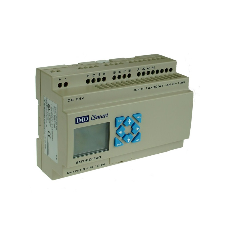 SMT-ED-T20-V3   iSmart Relè Programmabile  24VDC  Schermo HMI  12 ingressi digitali   4 ingressi analogici  0 10V  8 uscite tran