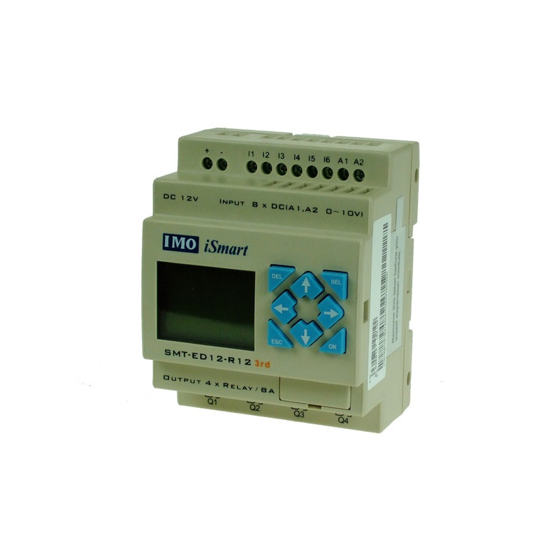 SMT-ED12-R12-V3   iSmart Relè Programmabile  12 VDC  Schermo HMI  6 ingressi digitali   2 ingressi analogici  0 10V  4 uscite re