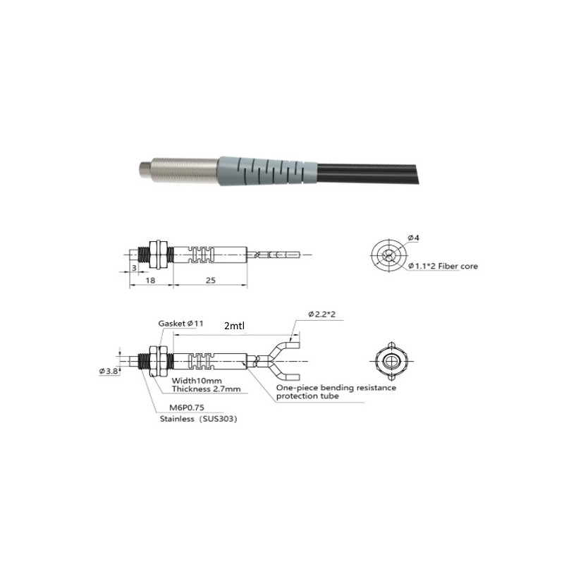 PFR-610   Sensore fibra ottica a riflessione diffusa Sn  80mm   testa M6   Lc  2000mm