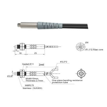 PFR-610   Sensore fibra ottica a riflessione diffusa Sn  80mm   testa M6   Lc  2000mm