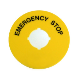 B3-7603-2   Disco etichetta  EMERGENZA STOP  D 70mm foro 22mm  giallo
