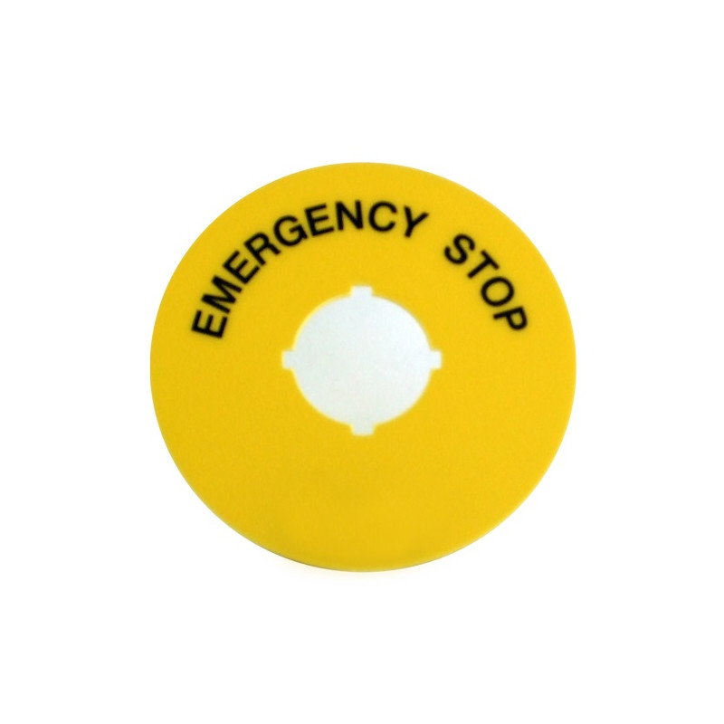 B3-7603-2   Disco etichetta  EMERGENZA STOP  D 70mm foro 22mm  giallo