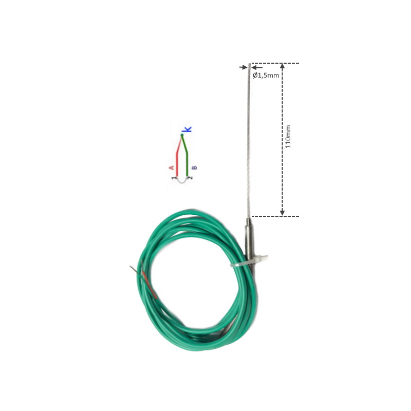 TCK150110GS2M  Termocoppia TCK  D 1,5 X 110mm  MGO isolata  LC 2m GS GS verde con molla antipiega